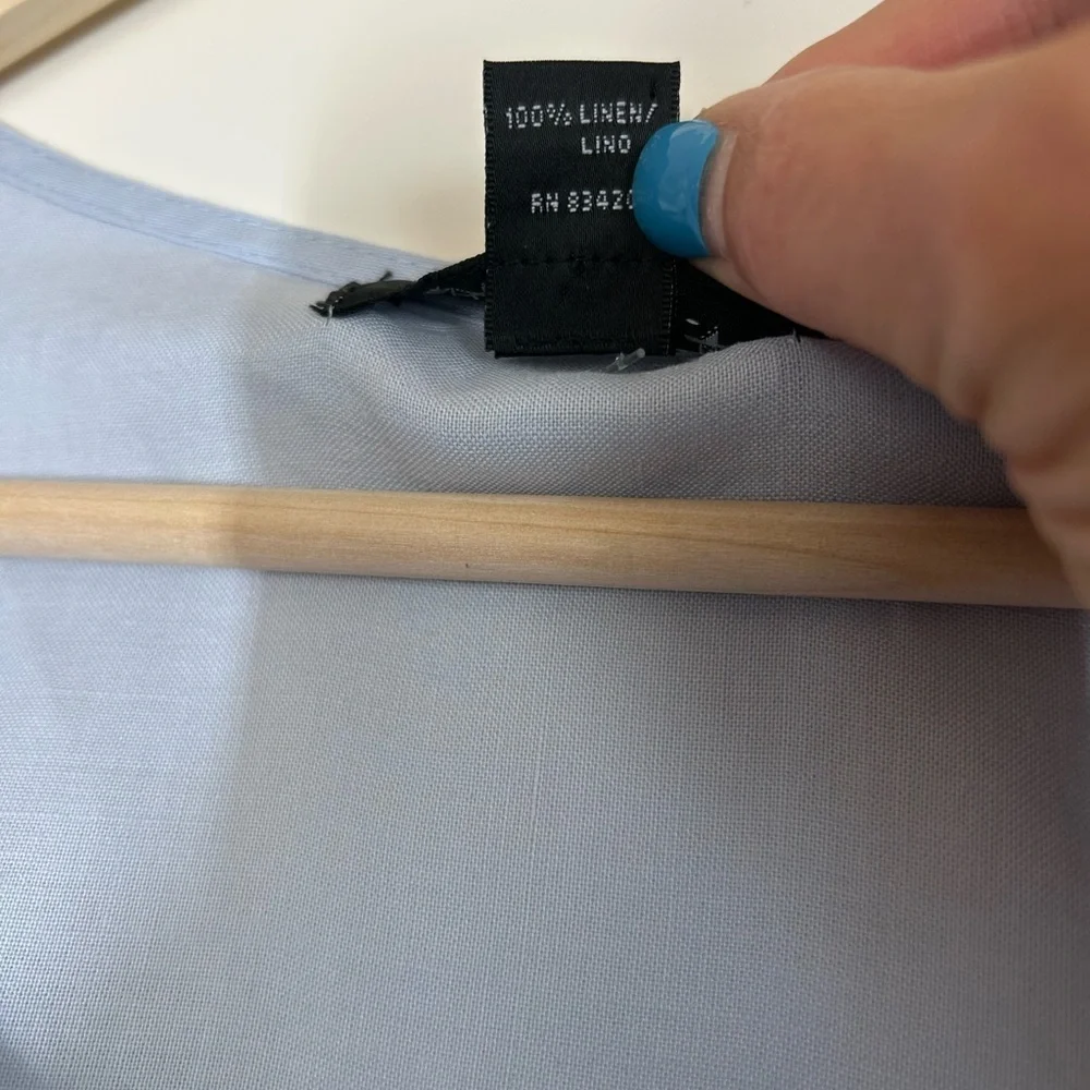 NWOT 100% Linen Size Small Baby Blue Crochet Detail Wide Flare Sleeves Tunic - Picture 11 of 14